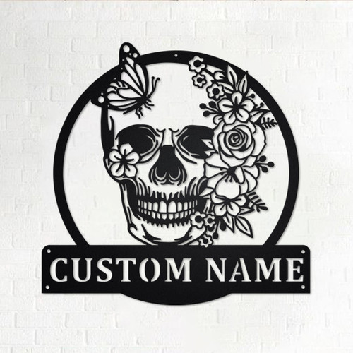 Custom Skull Flower With Butterfly Cut Metal Sign, Personalized Skull Name Sign Decoration For Room, Skull Metal Home Decor, Custom Skull