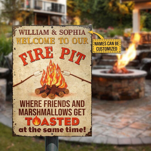 Fire pit metal sign, personalized welcome to our firepit metal Sign, Campfire decor, Friends and marshmallow get toasted, Camp