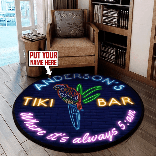 Personalized Name Tiki Bar Where It'S Always 5:Am Neon Perrot Circle Rug Carpet Washable Rugs