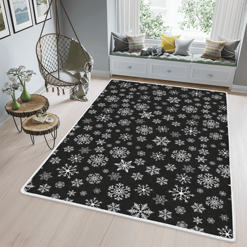 Whitw Snowflake And Black Background All Over Printed Area Rug Home Decor