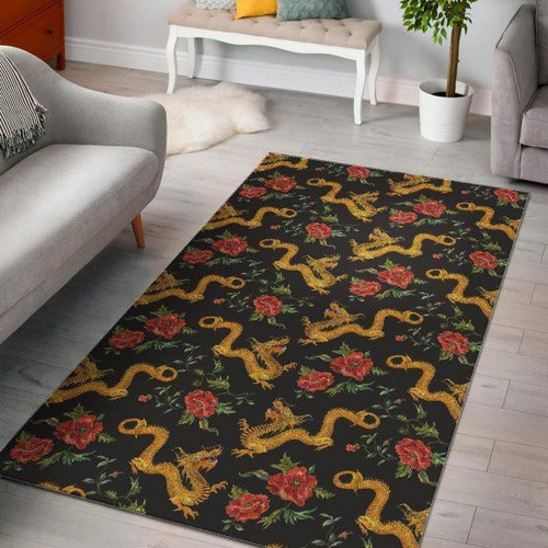 Chinese Dragon Rose Pattern Print Home Decor Rectangle Area Rug