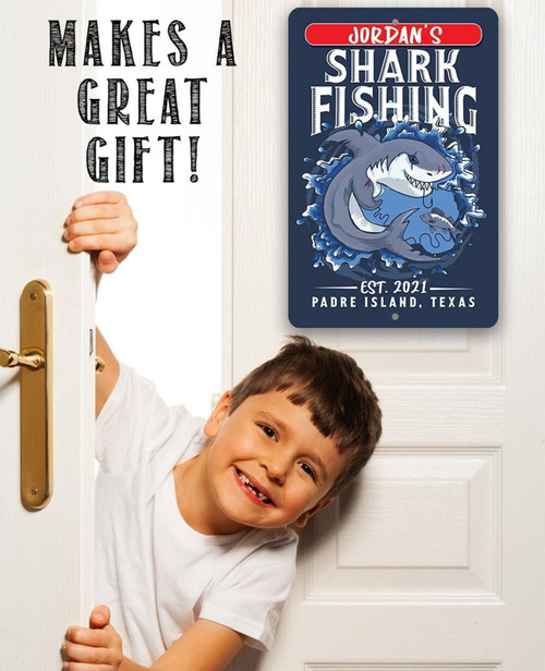 Tin Personalized Shark Fishing Metal Sign Use Indoor Outdoor Gift To People Who Are Into Fishing