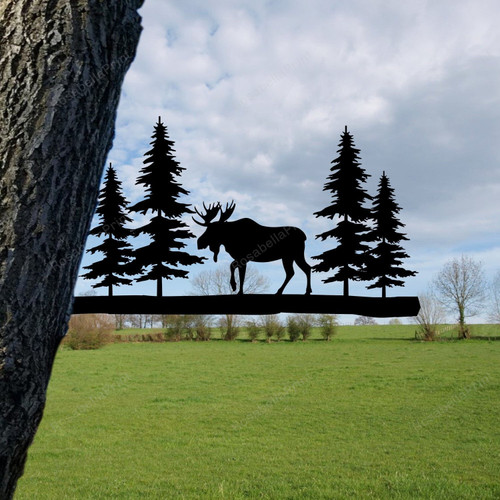 Moose Hunting Metal Tree Stake, Lodge Decor Laser Cut Metal Signs
