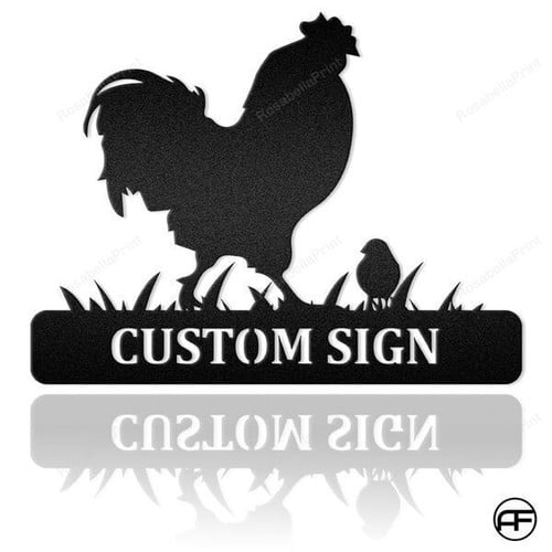 (up To 4 Chicks) Rooster And Chicks Custom Name Metal Sign Farmhouse Decor Metal Wall Art, Metal Laser Cut Metal Signs