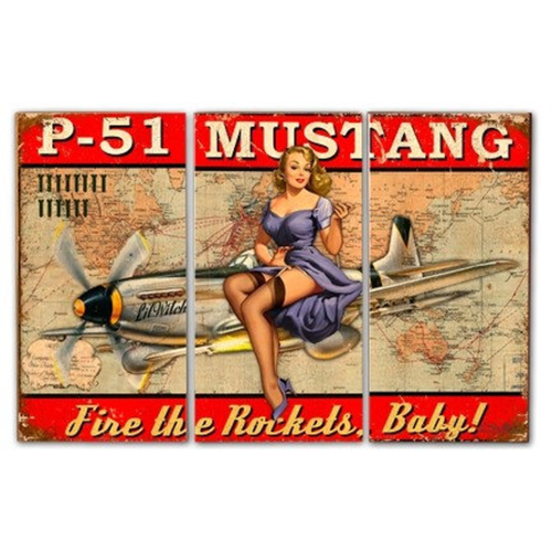 P 51 Mustang Pinup Girl Wood Panel Triptych 36 x 24 Vintage Style Retro Military Aviation Gas Oil Garage Art Wall Decor LS1446 SM