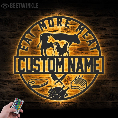 Custom Cow Goat Chiken Meat Shop Cut Metal Sign with LED | without LED Wall Art LED Light Personalized Butcher Shop Name Sign Home Decor Barbecue BBQ Grill Decoration Xmas