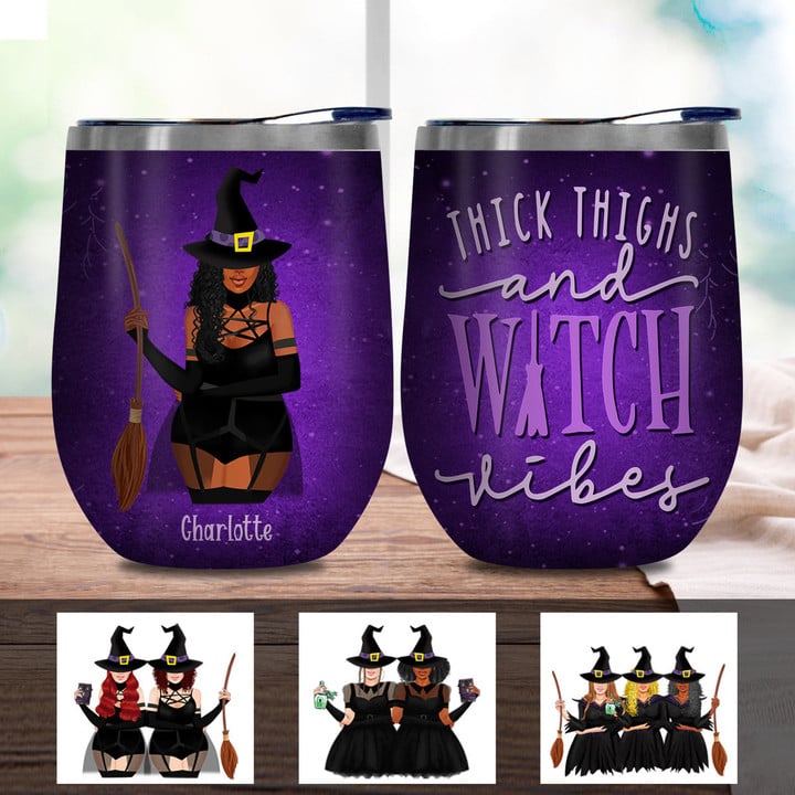 Customized Wine Tumbler 12oz Thick Thighs And Watch Vibes Halloween Gift Idea