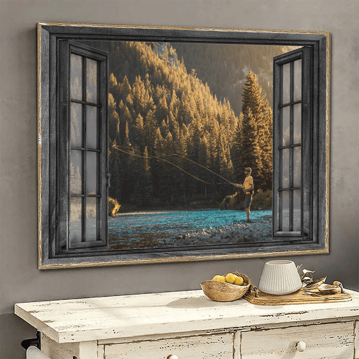Fishing painting decor pine forest fishing lover HA0487 TNT Poster Canvas Art, Toptrendygear Framed Matte Canvas Prints