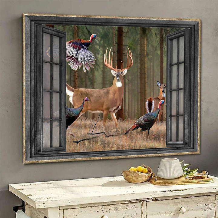Deer 3D peacock pine forest hunting lover DA0351 TNT Poster Canvas Art, Toptrendygear Framed Matte Canvas Prints