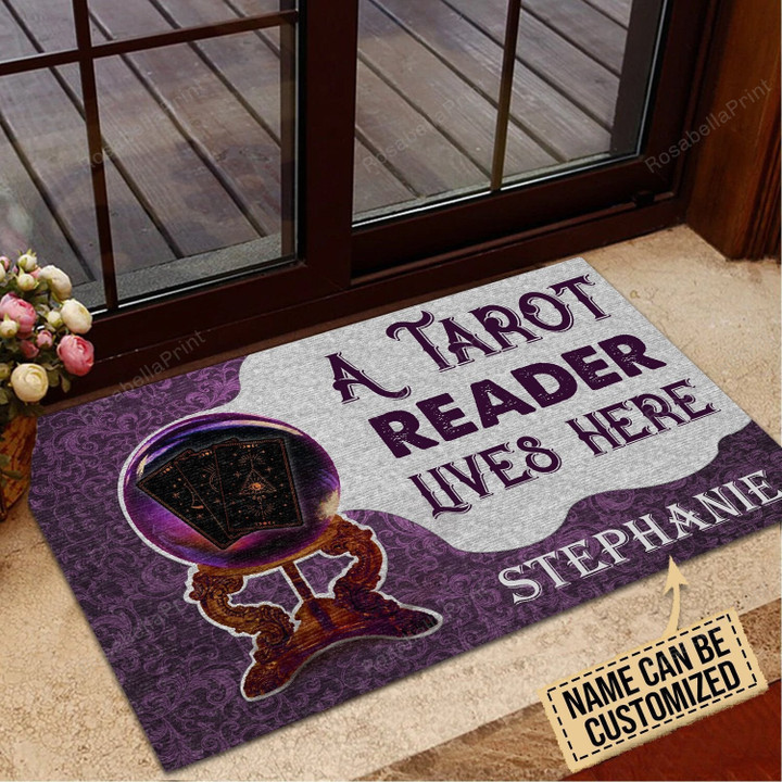 Personalized Doormat Gift For Bestie Tarot A Tarot Reader Lives Here Indoor Outdoor Floormat Doormats Indoor Outdoor Floormat Doormats | <p>Boasting life-like photographic image quality, this Doormat is composed of a polyester knit surface fabric and a natural black foam rubber backing. Ideal for indoor/outdoor light-duty areas as well as short term and promotional use.�</p>
<p><br></p>
<p><em>Easy to clean - simply shake out or rinse with cold water and air dry.</em></p>
<ul>
<li>Felt-Like polyester top</li>
<li>Foam rubber backing</li>
<li>Finished product measures approximately 29.5" x 17.5"�</li>
</ul> RosabellaPrint 24x16in