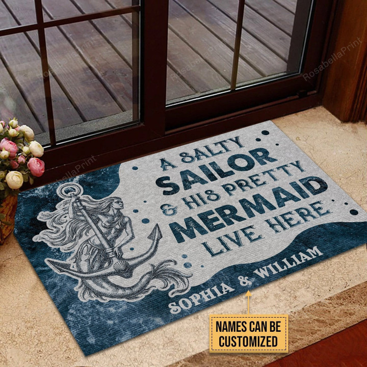 Personalized Doormat Gift For Bestie Custom Sailor Sea Salty Sailor Mermaid Indoor Outdoor Floormat Doormats Indoor Outdoor Floormat Doormats | <p>Boasting life-like photographic image quality, this Doormat is composed of a polyester knit surface fabric and a natural black foam rubber backing. Ideal for indoor/outdoor light-duty areas as well as short term and promotional use.�</p>
<p><br></p>
<p><em>Easy to clean - simply shake out or rinse with cold water and air dry.</em></p>
<ul>
<li>Felt-Like polyester top</li>
<li>Foam rubber backing</li>
<li>Finished product measures approximately 29.5" x 17.5"�</li>
</ul> RosabellaPrint 24x16in