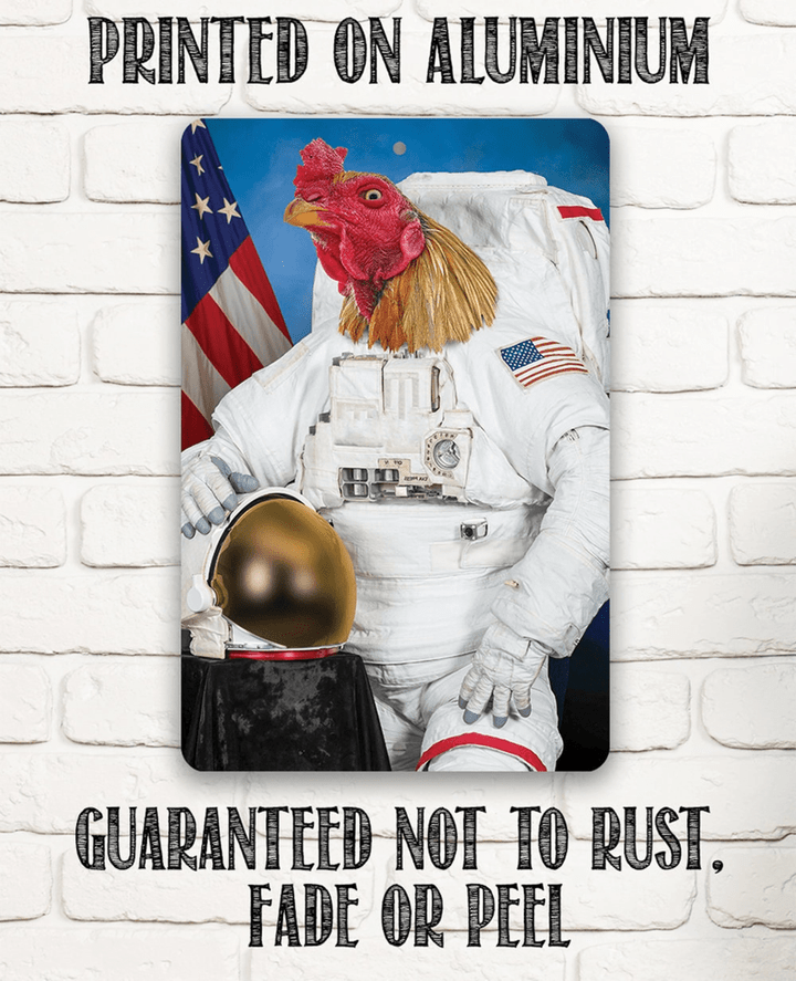 Tin Astronaut Major Cluck Upp Metal Sign Use indoor outdoor Funny NASA Astronaut Portrait Chicken Coop Decor