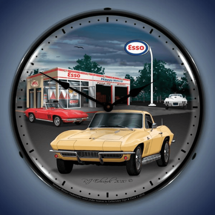 LED 1965 Corvette Esso Gas Backlit Lighted Advertising Sign Clock Vintage Style Retro Auto Gas Oil Garage Art