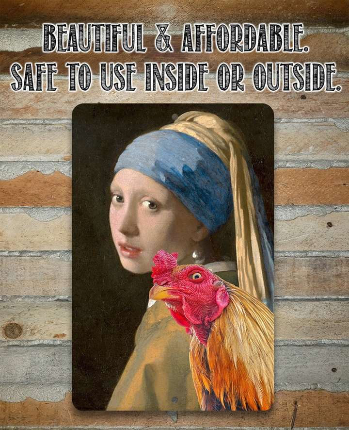 Girl with a Pearl Earring Painting Interrupted Rooster Aluminum Tin Awesome Metal Poster