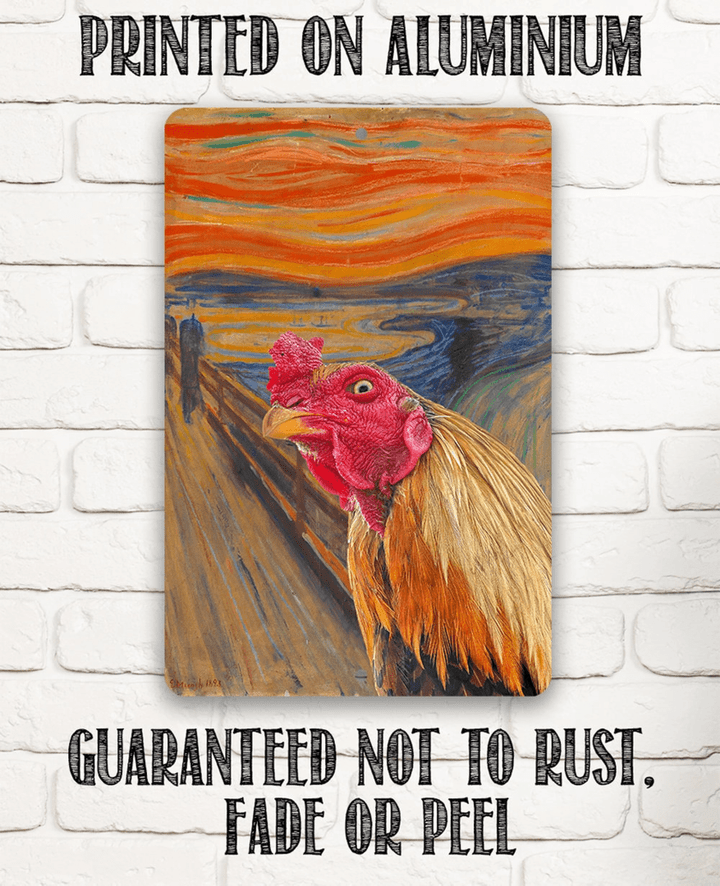 Tin The Scream Painting Interrupted by Rooster Metal Sign Indoor Outdoor Funny and Artsy Chicken Coop Decor