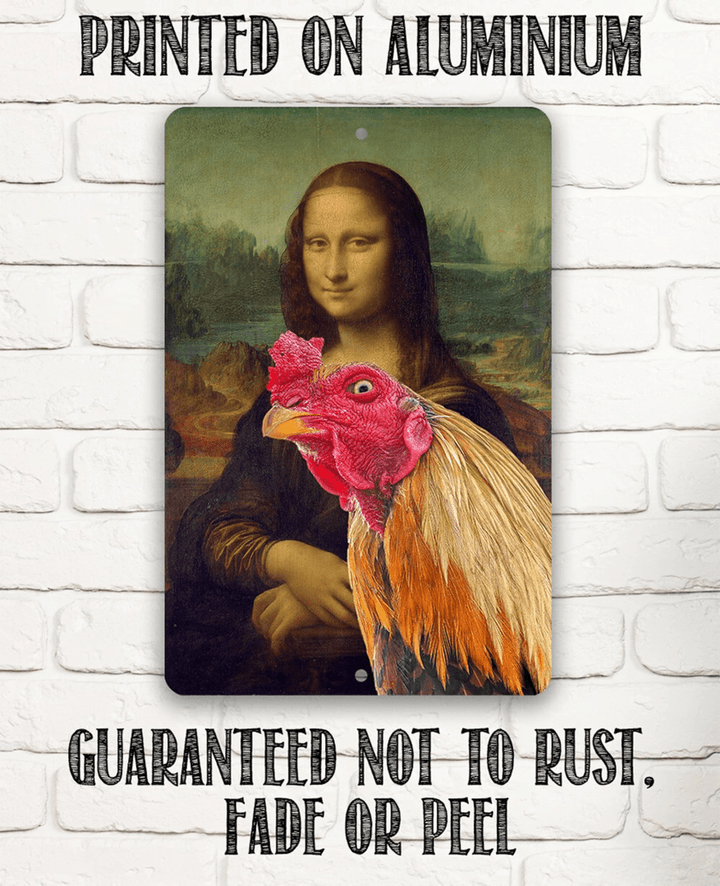Tin Mona Lisa Painting Interrupted Rooster Metal Sign   Use Indoor Outdoor Funny and Artsy Chicken Coop Decor