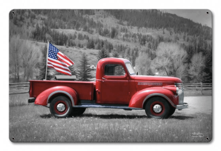 Truck Flag US Flag Antique Vintage Truck satin metal sign 2 Sizes vintage style country home decor wall art lane ps