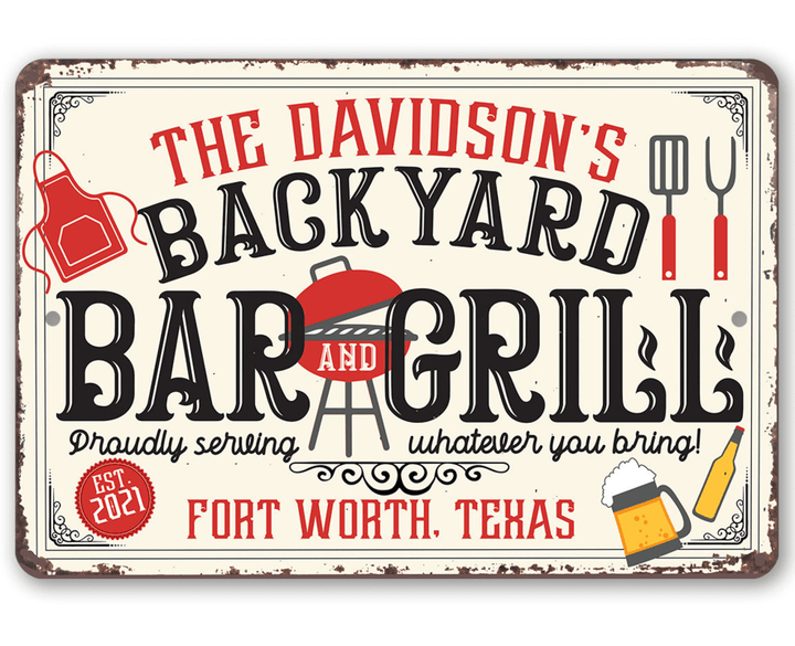 Tin Personalized Backyard Bar and Grill Metal Sign Use Indoor Outdoor Barbeque Decor and Gift