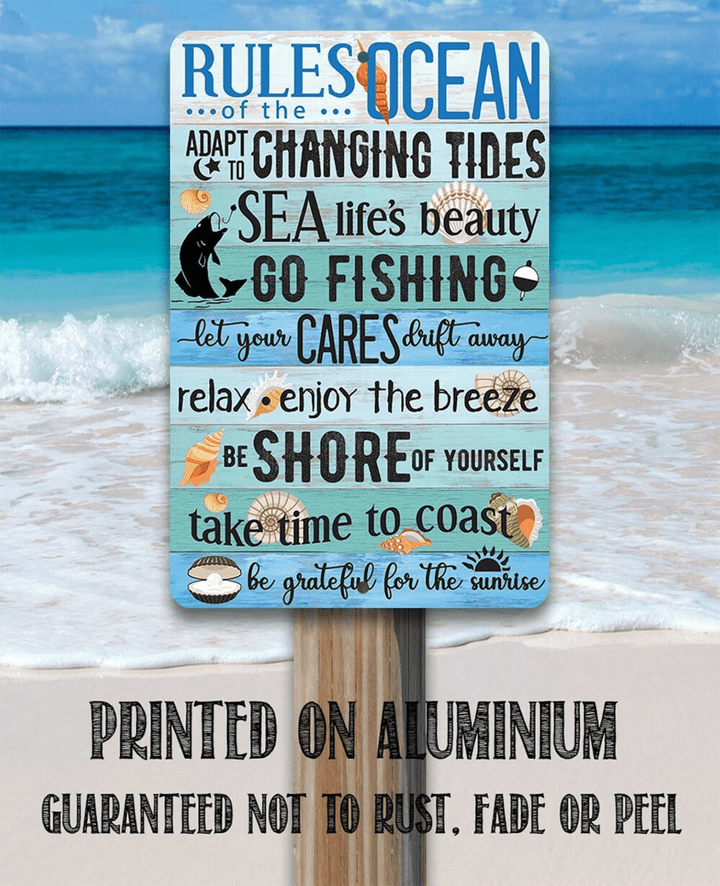 Tin Rules of the Ocean Durable Metal Sign Use Indoor Outdoor Inspirational Beach and Coastal Decor and Gift