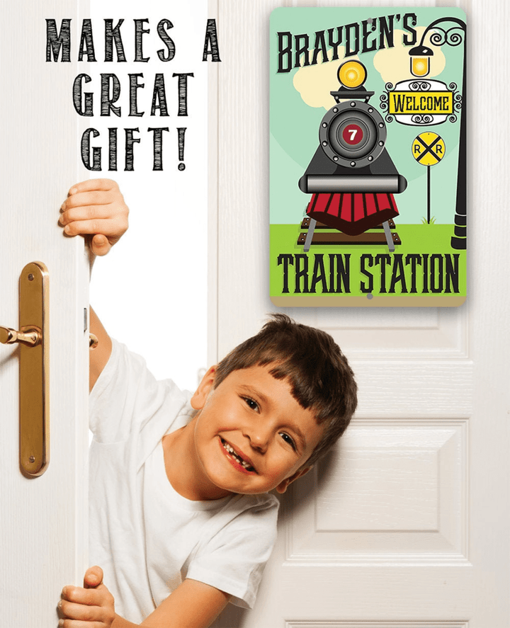Tin Personalized Train Station Sign Use Indoor Outdoor Cool Kids Room