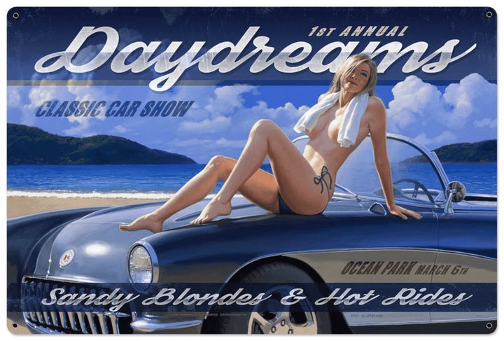 Daydreams Classic Car Show Pin Up Girl art on metal sign by Greg Hildebrandt vintage style home decor wall art PS