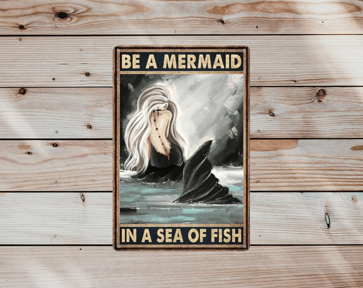 Vintage Tin Sign | Mermaid Sign | Be a Mermaid in A Sea of Fish Mermaid Poster | Toilet Living Room Home Signs | Metal Bathroom Decor in
