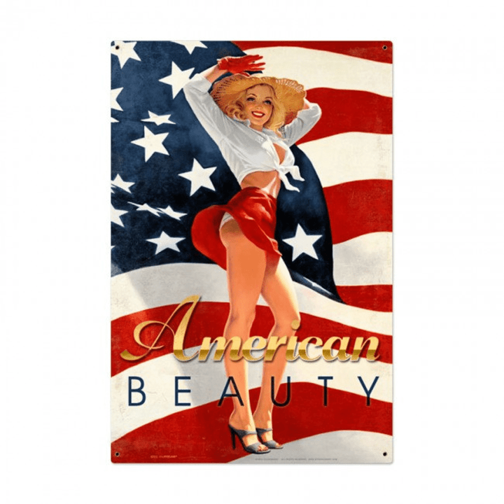 American Beauty Patriotic Pin Up Girl art by Greg Hildebrandt on metal sign vintage style home decor wall art PS