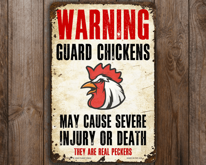 Warning Guard Chickens Funny Metal Chicken Coop Sign