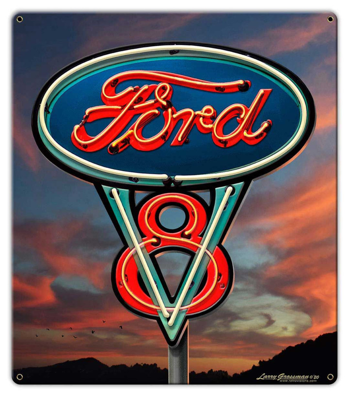 Ford V8 Classic Neon Looking Metal Sign 2 Sizes Vintage Style Retro Garage Art PS