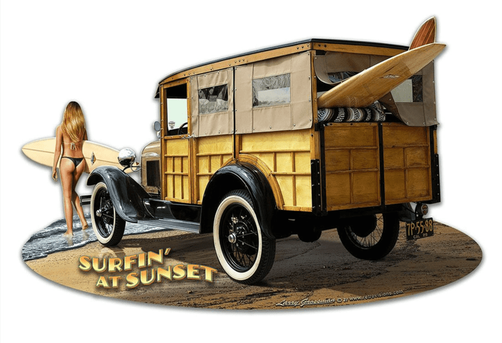 1929 Woody Surfing at Sunset with Girl Metal Cut Out Sign Vintage Style Retro Hot Rod Garage Art PS
