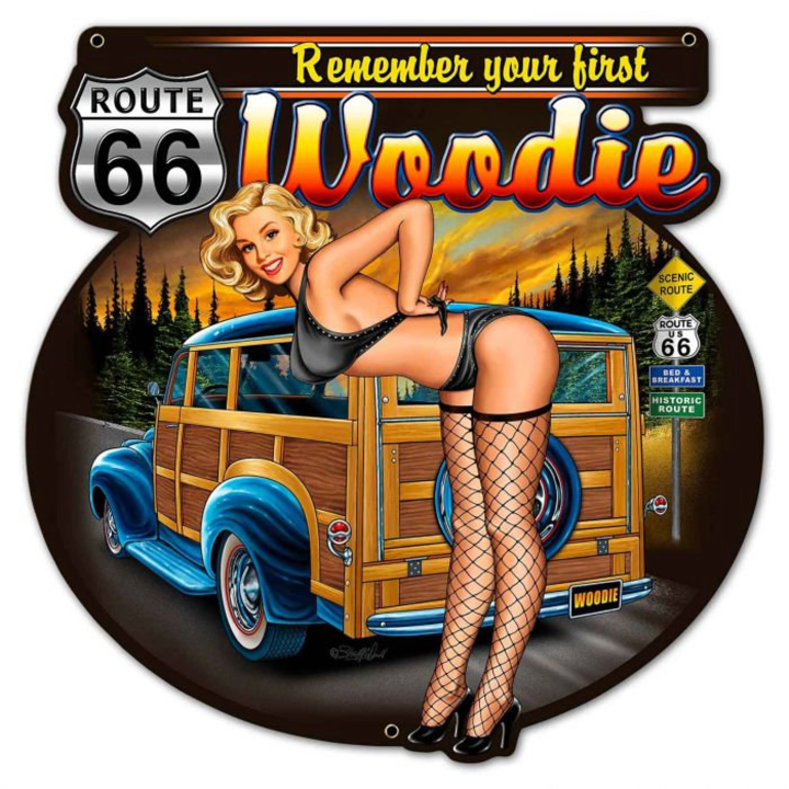 Woodie Route 66 Pinup Girl Metal Advertising Sign Vintage Style Retro Hot Rod Garage Art PS