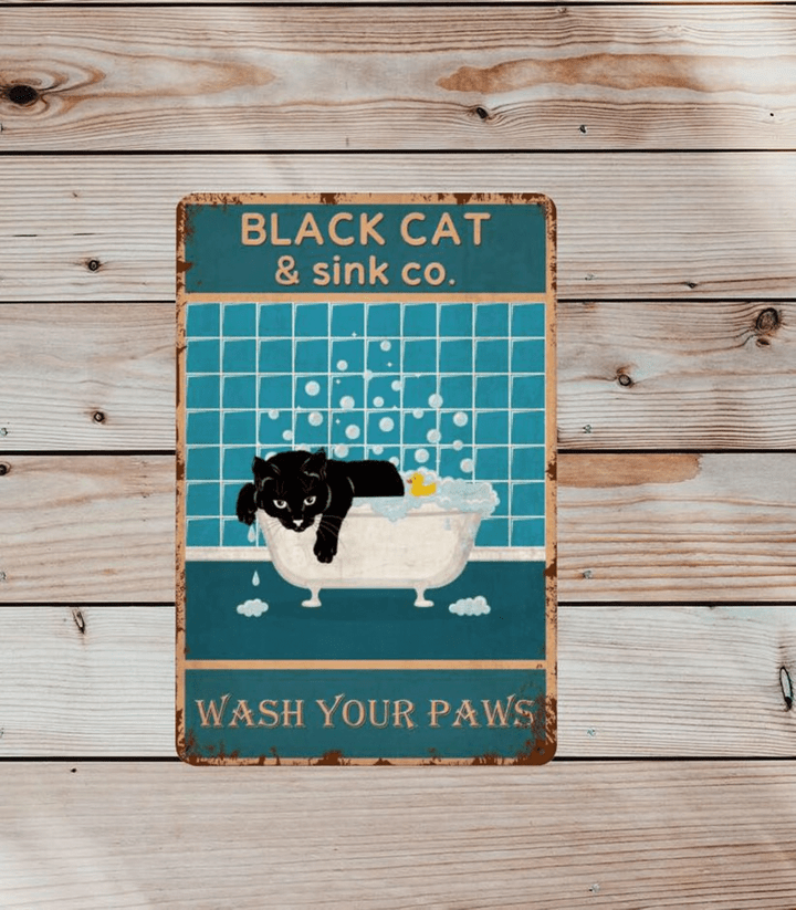 Retro Tin Sign | Black Cat & Sink Co. Wash Your Paws Funny Kitty | Vintage Bathroom Cat Poster | Toilet Wall Decor  inches