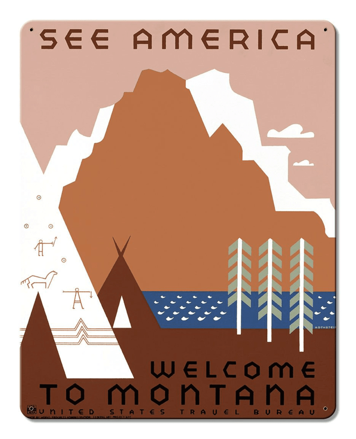 See America Welcome To Montana Metal Sign 3 Sizes vintage style United States Travel Bureau retro country advertising art wall decor RG
