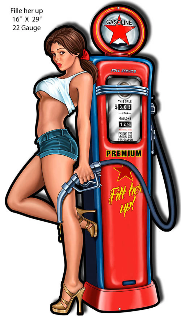 Texaco Gas Station Pump With Girl 16 x 29 inches Laser Cutout Metal Sign custom shape vintage style retro gas oil garage art wall decor RG