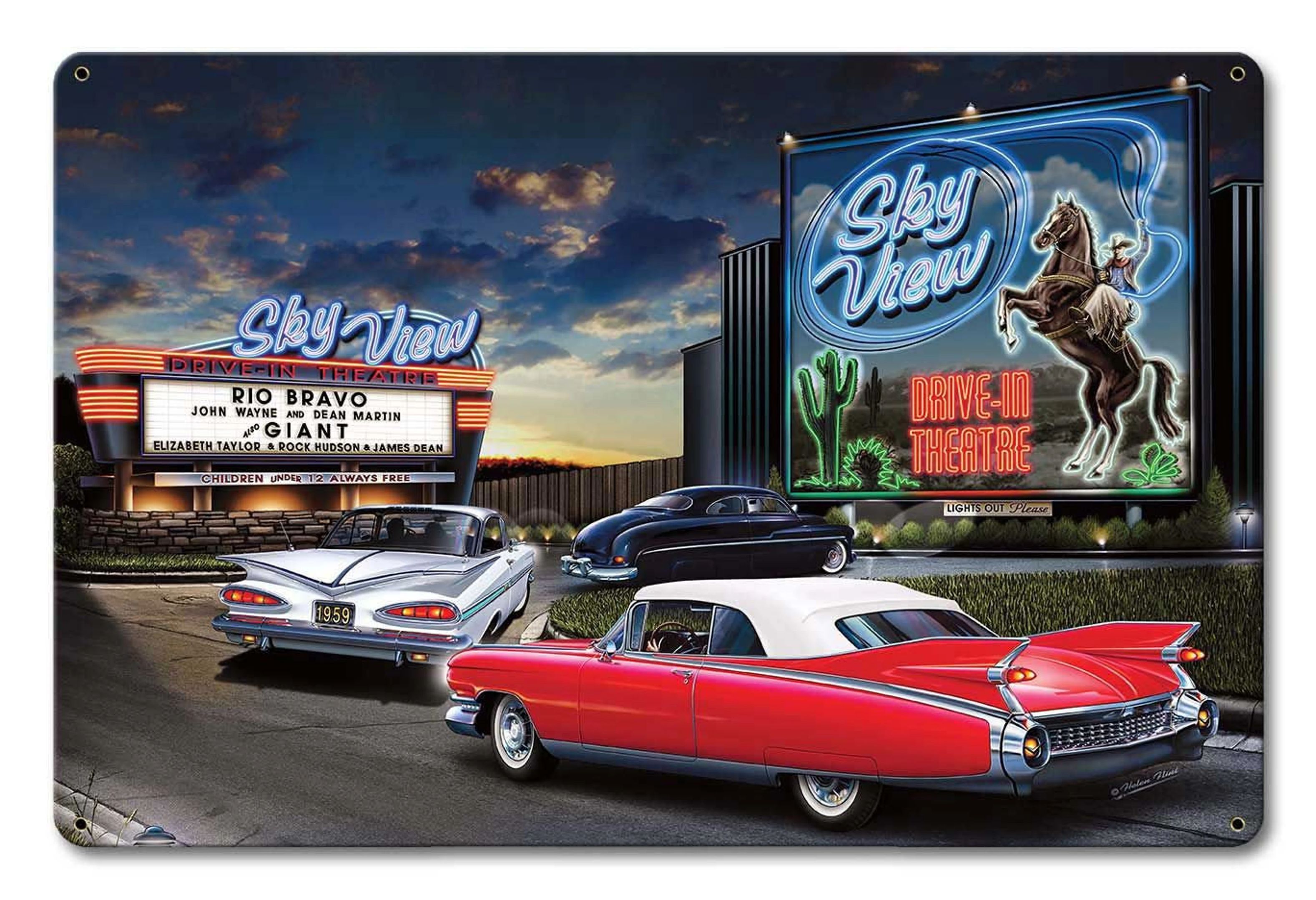 Skyview Drive In Theater Classic Cars JG Studio 3 Sizes vintage style retro gas oil garage art wall decor PS