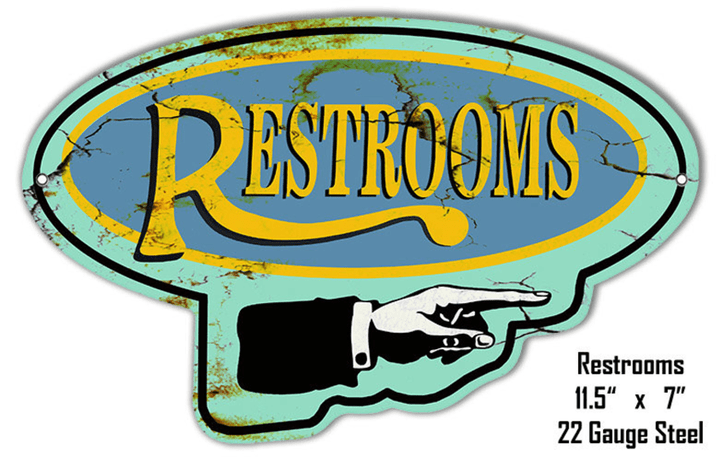 Restroom Laser Cut Out Reproduction Sign. 7″x 11.5″ 22g Steel. Left OR Right Vintage Style Retro Garage Art RG