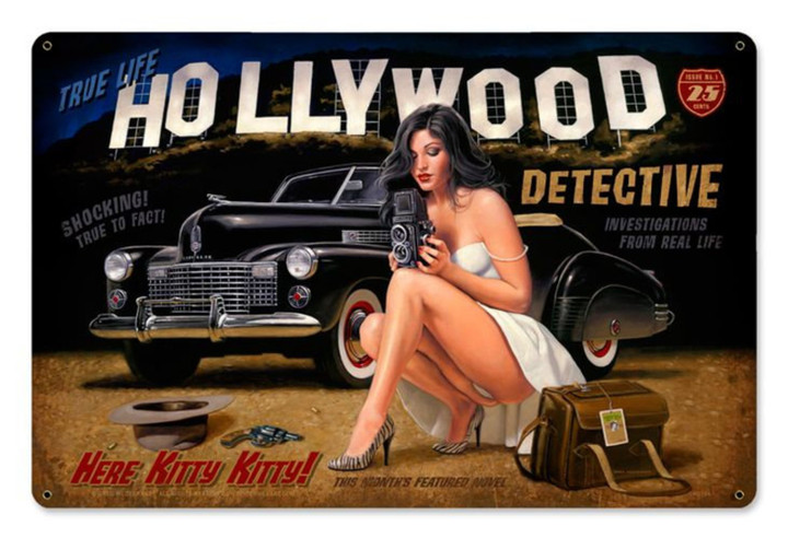 Hollywood Detective Pin Up Girl art on metal sign by Greg Hildebrandt vintage style home decor wall art PS