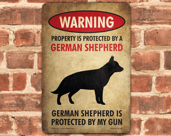 German Shepherd Sign | Funny Metal Beware of Dog Sign | Great Gift for German Shepherd Lovers with Guns