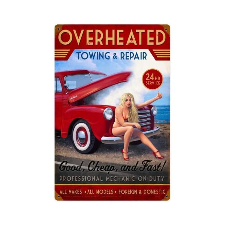 Overheated Towing & Repair Pin Up Girl art on metal sign by Greg Hildebrandt vintage style home decor wall art PS