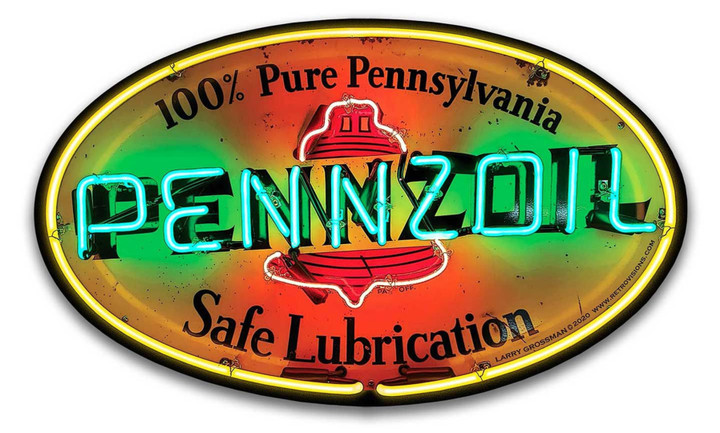 Pennzoil Motor Oil Classic Neon Looking Metal Sign 3 Sizes NOT a lighted sign Vintage Style Retro Garage Art PS