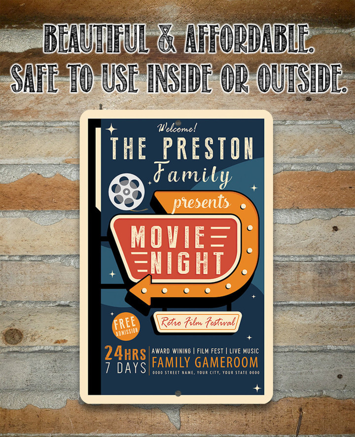 Personalized Family Movie Night Metal Sign Indoor Outdoor Home Theatre and Game room Decor