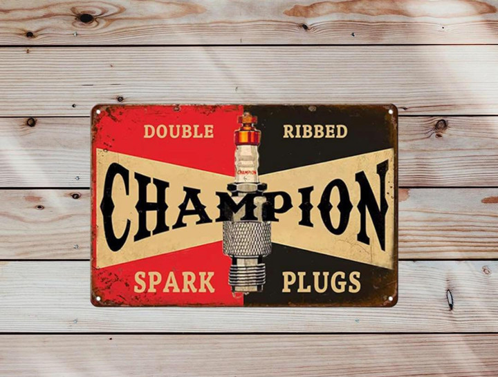 Retro Tin Sign | Double Ribbed Champion Spark Plugs Metal Sign | Auto Shop Cave Garage Decor | Vintage Mechanic Workshop Man Cave Sign