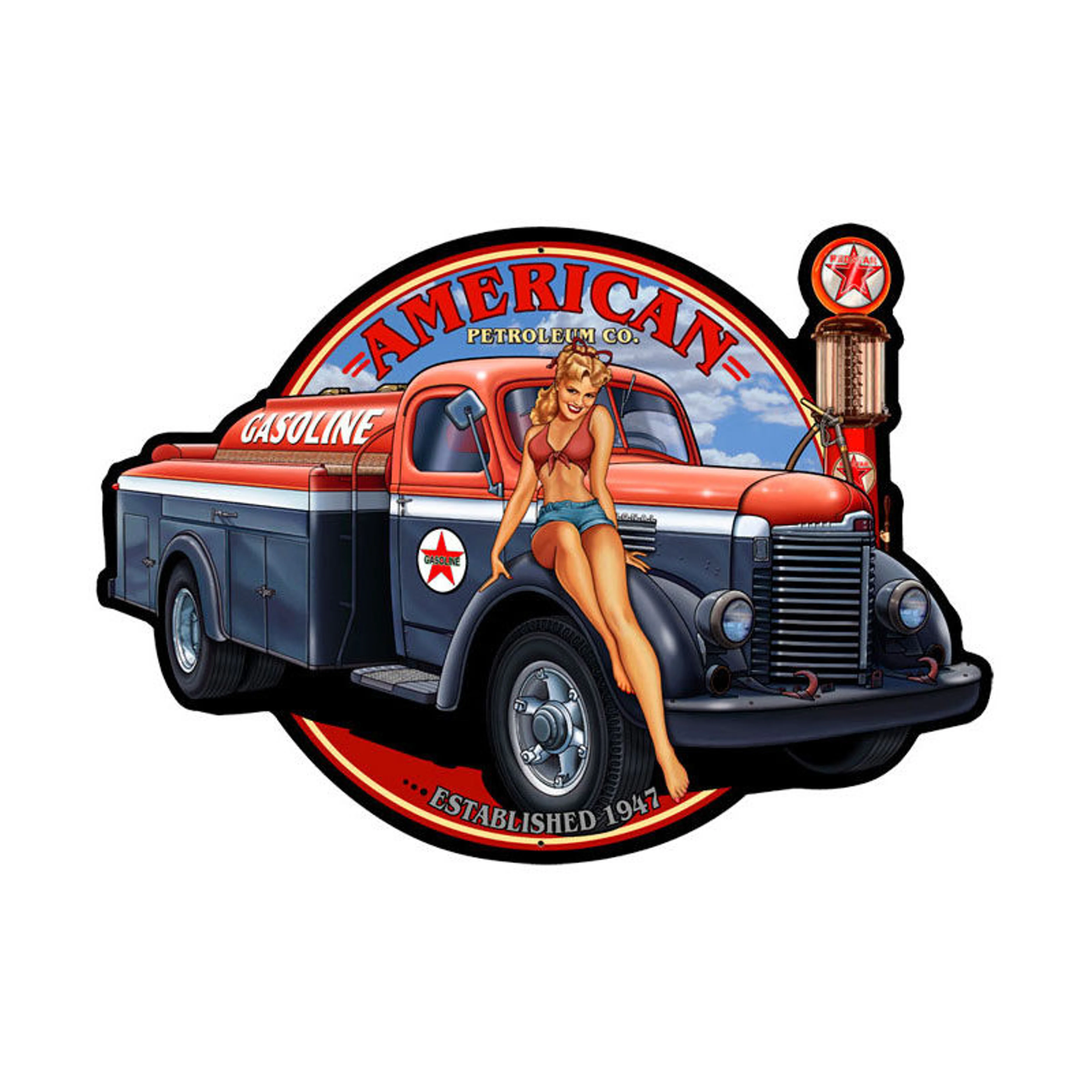 American Petroleum Pinup Girl plasma custom shape metal sign vintage style retro gas oil garage art wall decor sm284