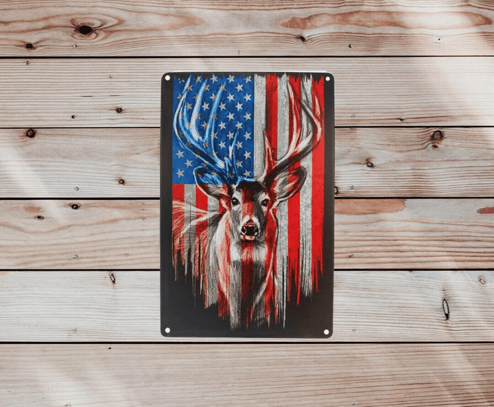 Retro Metal Tin Sign | American Flag Deer Hunting Metal Sign | | Hunting Hunt Hunter Outdoor Wall Art Decor  inches