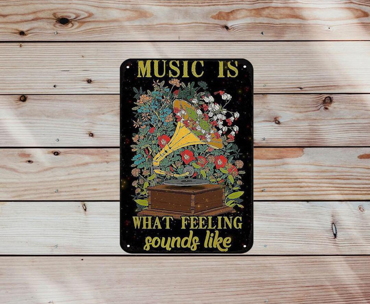 Retro Metal Sign | Music Is What Feeling Sounds Like Tin Sign | Vintage Art Poster | Flowers Disco Decor Door Music Sign Decor  in