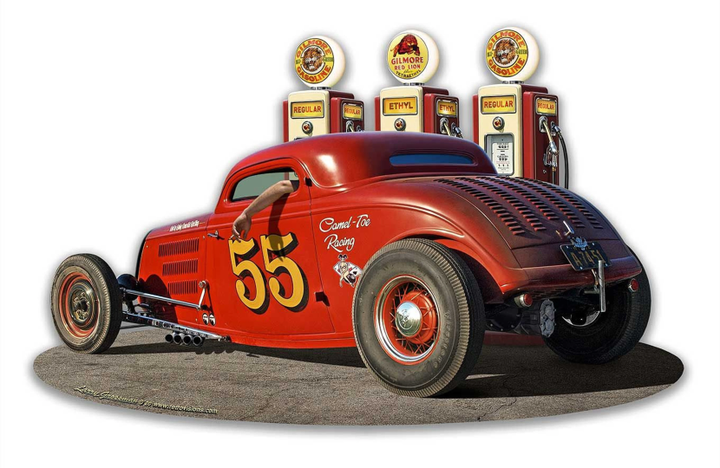 1933 Ol Skool Coupe Gilmore Gas Pumps Custom Shape Metal Sign Vintage Style Retro Hot Rod Garage Art PS