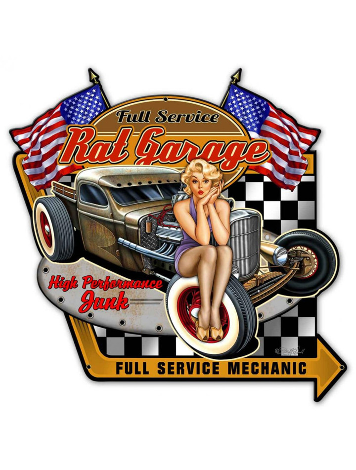 Rat Rod Garage Patriotic Pinup Girl Metal Advertising Sign Vintage Style Retro Hot Rod Garage Art PS
