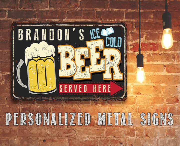 Tin Personalized Ice Cold Beer Served Here Metal Sign Indoor Outdoor Bar Restaurant Decor