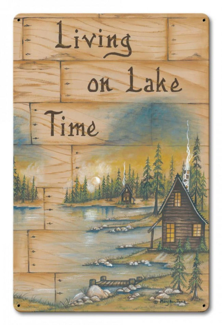 Living on Lake Time satin metal sign vintage style country home decor wall art lane225