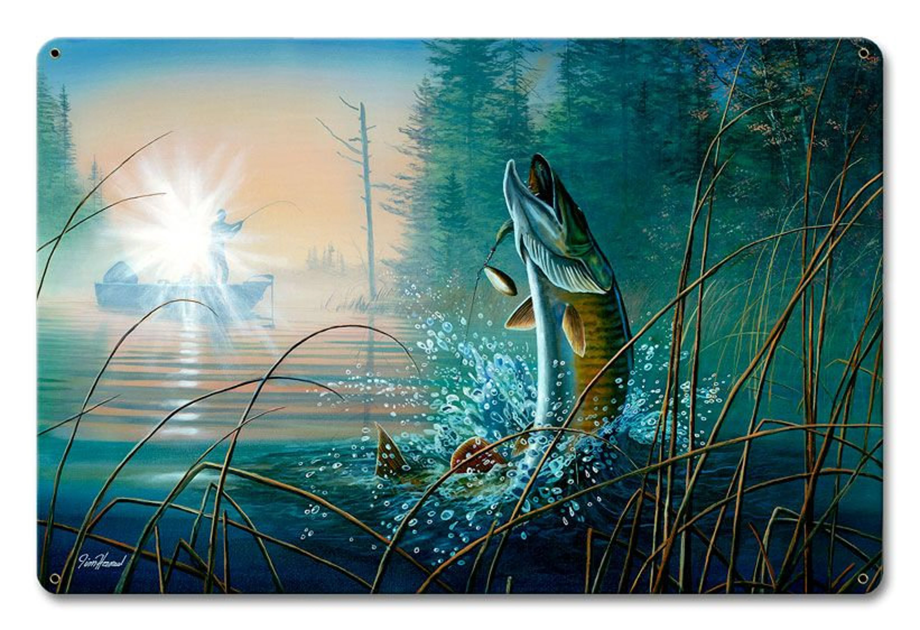 Waking The Giant Fishing by Jim Hansel Satin Finish Art on Metal Cabin Lodge Country home decor wall art PS